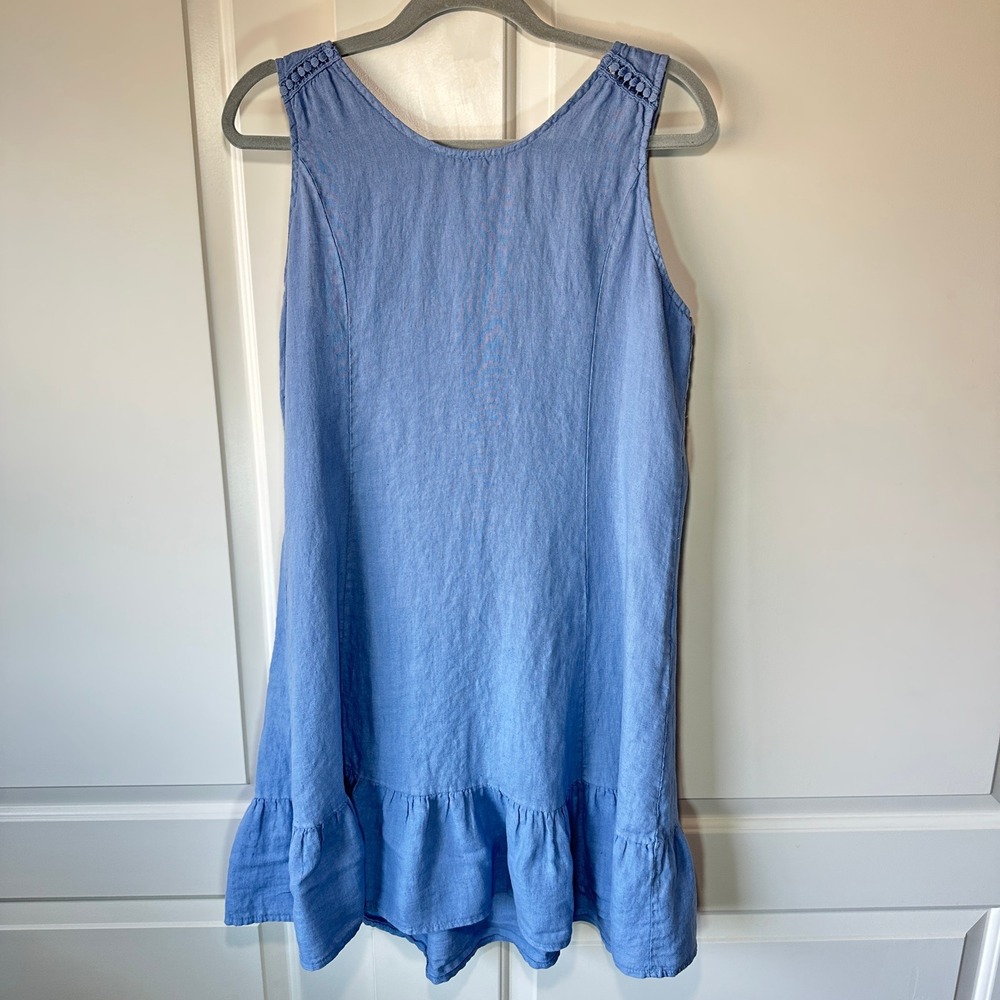 Terzo Millennio Italy Linen Dress Blue‎ Sleeveless Ruffle Hem Tie Back Womens M